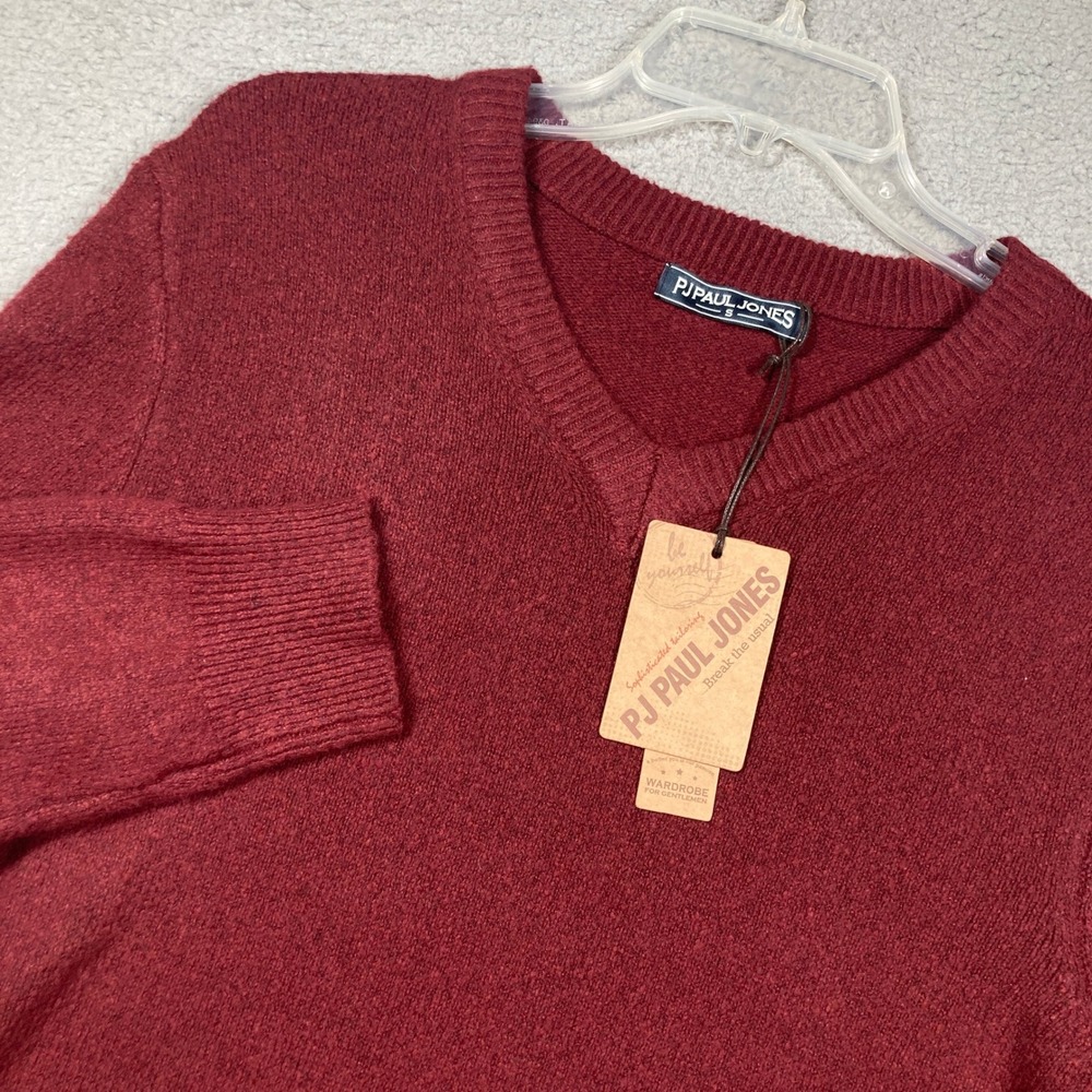 PJ Paul Jones V-Neck Sweater Men Small Burgundy Wool Blend Ribbed Pullover